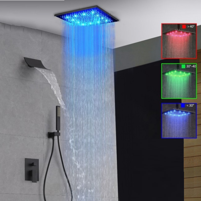 Juno Bronze Waterfall Rainfall LED Bathroom Shower With Hand Held Shower